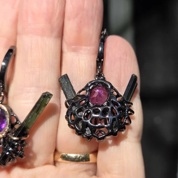Amethyst & Tourmaline sterling rhodium & gold modern deco earrings - Picture 8 of 12